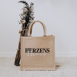 Jutetasche Jute personalisiert mit Schriftzug "Herzensmensch", beige