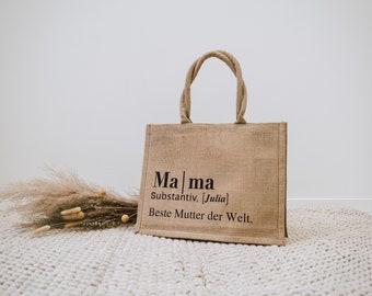 Bolsa de yute personalizada "Mejor Mamá del Mundo" con nombre como sustantivo | Regalo ideal para el Día de la Madre | Bolsa de yute revestida por dentro.