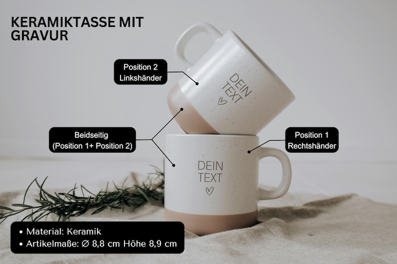 May include: Two white ceramic mugs with a speckled finish and a light brown base are stacked. Each mug has a handle and the text "DEIN TEXT" with a heart symbol. The mugs are 3.5 inches in diameter and 3.5 inches high.