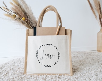 Jute bag with side pocket and wreath of flowers | Gift for Mother's Day or JGA | Bridal Shower or Farewell Gift Teachers and Educators