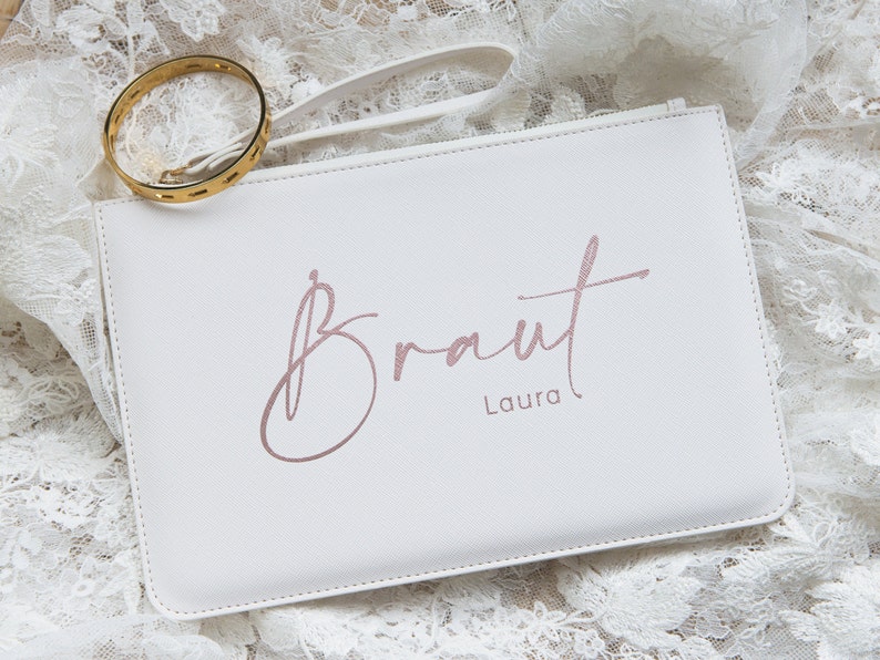 Cartera Personalizada Regalo nupcial bolso de mano para la boda bolso de novia Estuche Marfil con el nombre de la novia, dama de honor, madre de la novia rose