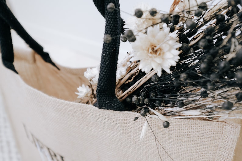 Jutetasche Jute naturbeige mit schwarzen Henkeln, Detailaufnahme Oberkante