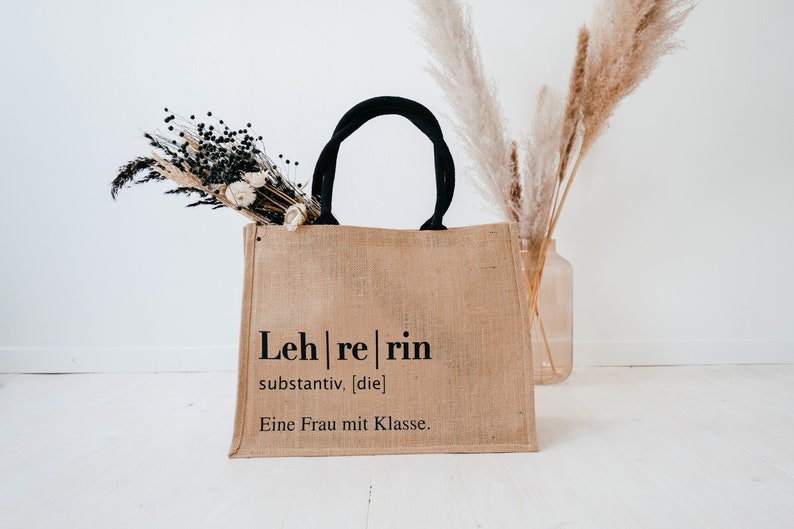Jutetasche Lehrerin mit Aufdruck "Eine Frau mit Klasse", 100% Jute, schwarze Henkel
