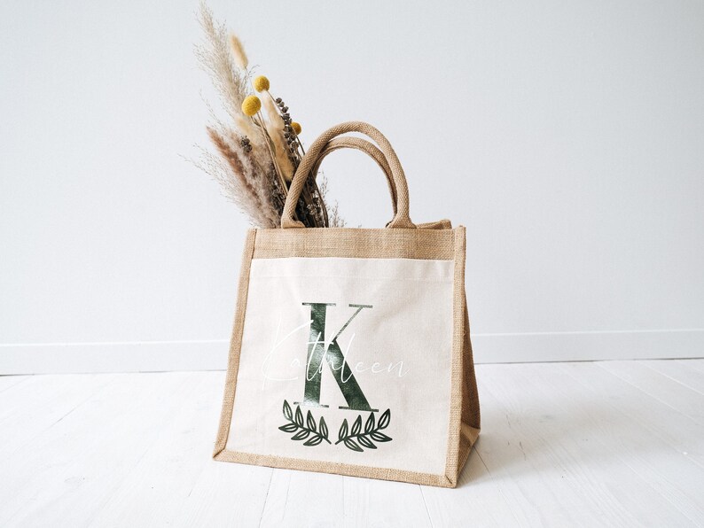 Jute bag with initials and side pocket Gift for Mother's Day or bachelorette party Bridal Shower or Farewell Gift Teachers and Educators zdjęcie 2