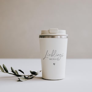 Thermobecher Edelstahl matt Creme mit Gravur „Lieblingsmensch", 360ml doppelwandig isoliert