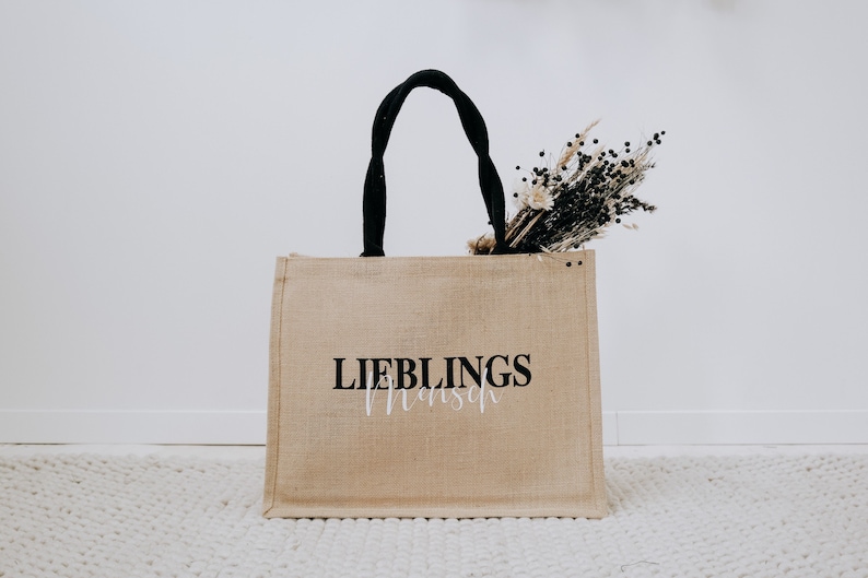 Jutetasche Jute personalisiert mit Schriftzug "Lieblingsmensch", schwarze Henkel, Muttertagsgeschenk