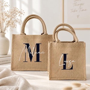 Teacher Appreciation Gift Personalized - Jute Tote Bag with Initial & Name, Mother's Day Gift for Mom, Bridesmaid Bachelorette Gift, 4 Sizes