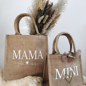 Jutetasche Mama & Mini personalisiert mit Namen, Jute natur, Partnerlook Mutter Kind