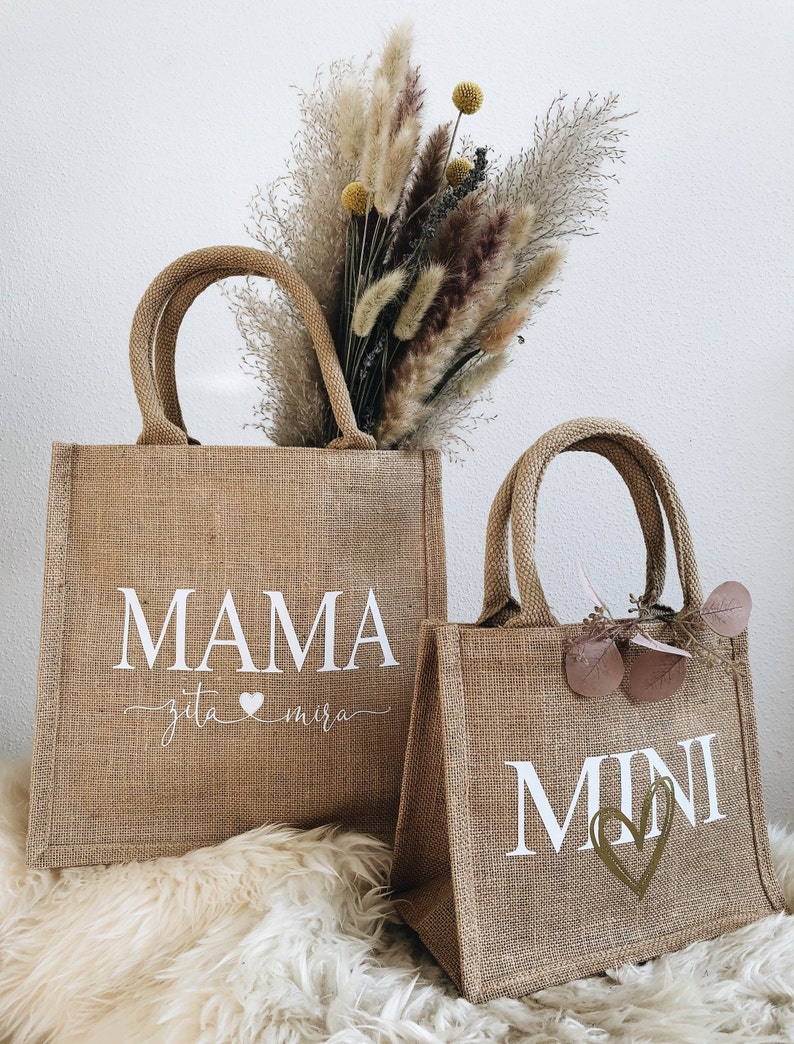 Jutetasche Mama & Mini personalisiert mit Namen, Jute natur, Partnerlook Mutter Kind