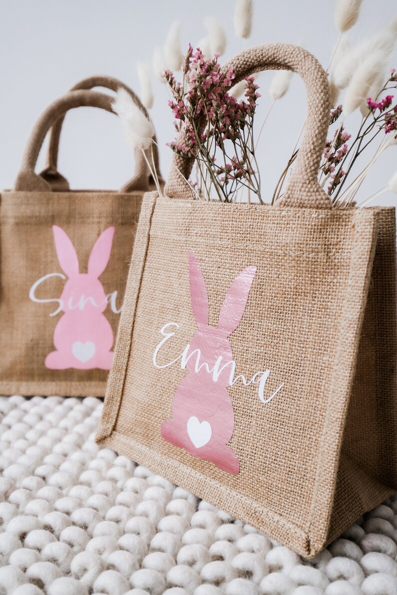 Ostertasche personalisiert Jute Osterbeutel Osterhase mit Namen Osterkörbchen für Kinder Geschenken zu Ostern oder als Osternest Bild 3