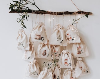 DIY Advent Calendar Bags Set of 24 - Cotton Drawstring Pouches with Iron-On Transfers, Eco-Friendly Christmas Countdown, OEKO-TEX