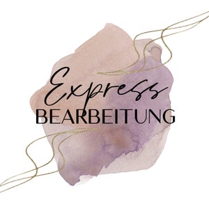 Puede incluir: Diseño de acuarela con las palabras "Express BEARBEITUNG" en escritura negra. El fondo presenta una mezcla de tonos malva y beige, acentuado con líneas doradas brillantes, todo sobre un fondo blanco.