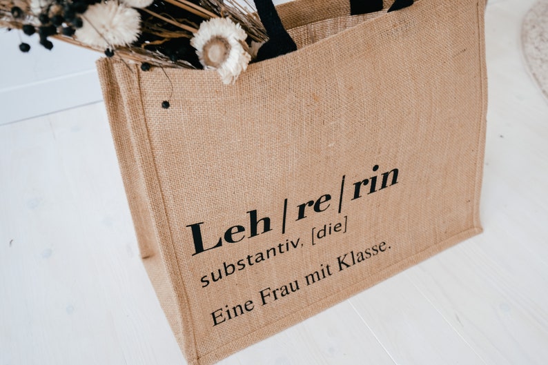 Jutetasche Lehrerin Jute beige, Aufdruck Wortdefinition Lexikon-Stil, Abschiedsgeschenk