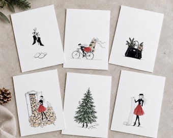 Christmas Card Set of 6, Hand Drawn Illustrations - A6 Postcards in Bright Colours and Black & White, Holiday Greeting Cards