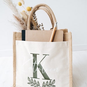 Jute bag with initials and side pocket Gift for Mother's Day or bachelorette party Bridal Shower or Farewell Gift Teachers and Educators zdjęcie 4