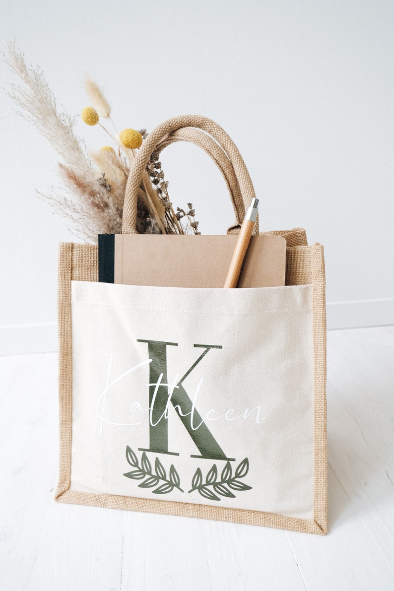 Jute bag with initials and side pocket Gift for Mother's Day or bachelorette party Bridal Shower or Farewell Gift Teachers and Educators zdjęcie 4