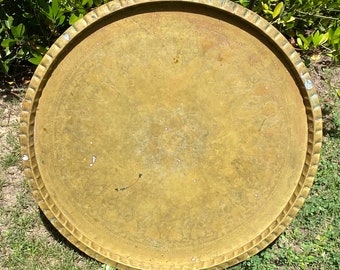 Vintage Large 36" Brass Moroccan Indian Style Tray Table Wall Art Hanging Engraved Round Scalloped Lip Patina Tarnish