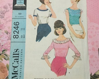 McCall’s 8246 Sewing Patterns. Uncut Vintage 60s Misses Blouses, Tops Sewing Pattens, Size 12