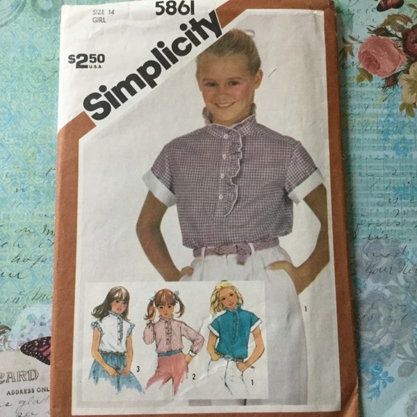 Simplicity 5861 Sewing Patterns. Vintage Uncut Girls Blouse With Sleeve Variations Sewing Pattens, Size 14