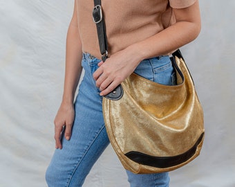 Leather hobo bag, metallic hobo bag, gold leather crossbody bag, shiny black hobo, silver crossbody, handmade leather bag, Slouchy Hobo Bag