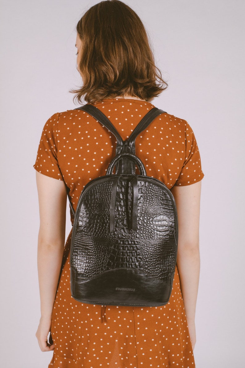 Small leather backpack purse with Croco texture, convertible backpack image 2