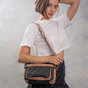 Solid Puffed Bag combined with leather, solid Puffed shoulder bag, Quilted Puffer Mini Crossbody Bag, Minimalist Quilted Crossbody Handbag image 3