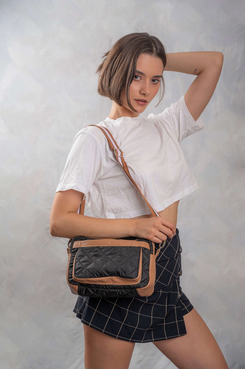 Solid Puffed Bag combined with leather, solid Puffed shoulder bag, Quilted Puffer Mini Crossbody Bag, Minimalist Quilted Crossbody Handbag image 3