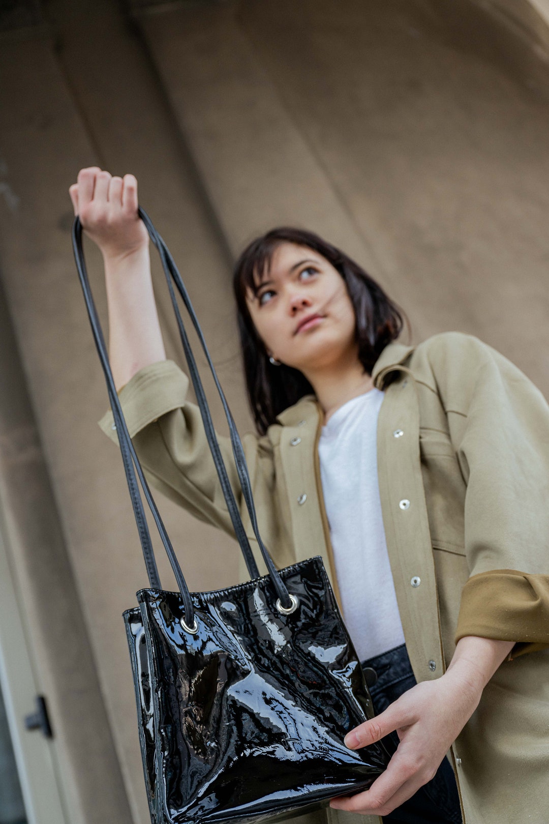 0401~Patent Faux Leather Mini Shoulder Bag with Chain