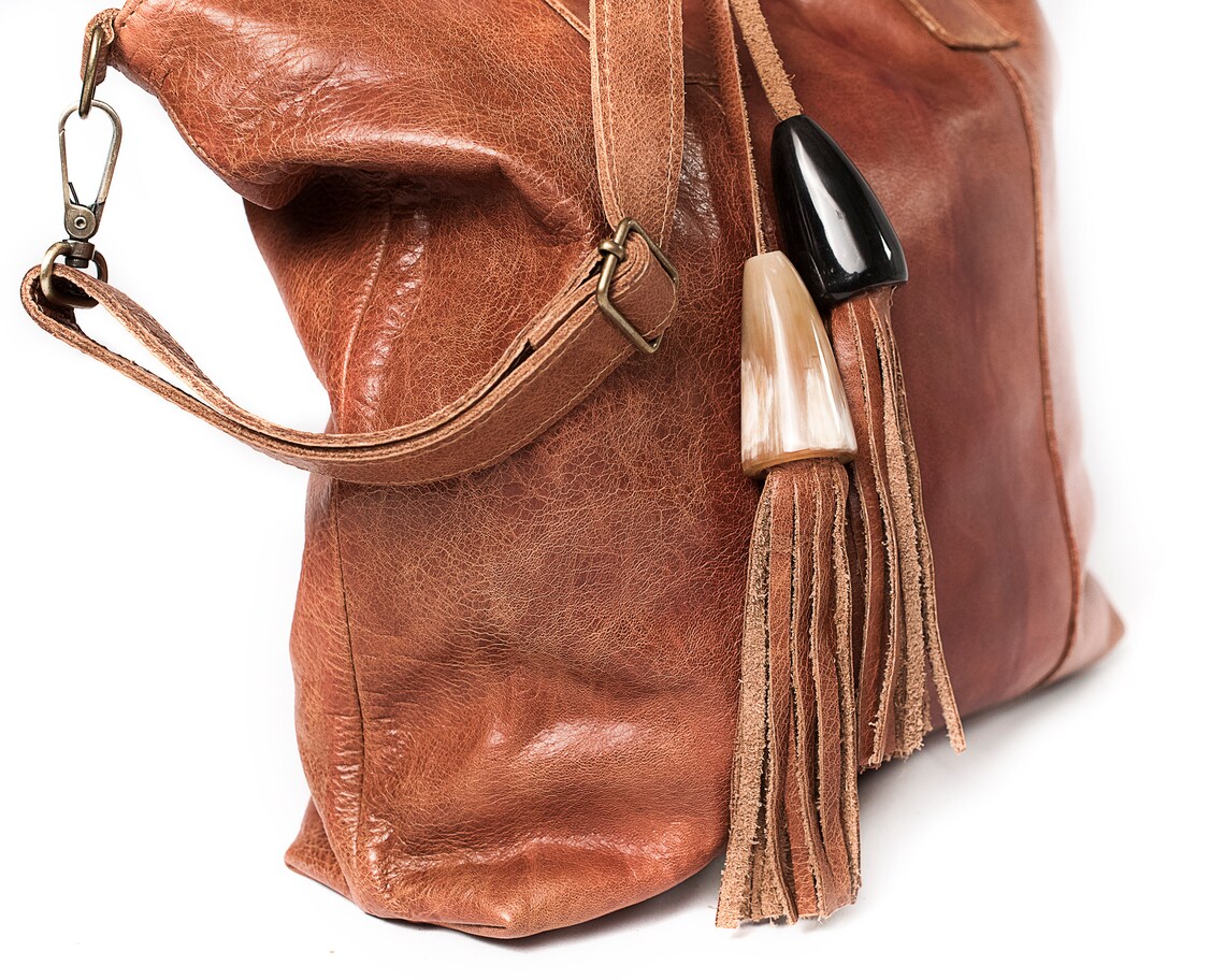 Large shoulder bag with horn and tassels slouchy leather bag Etsy