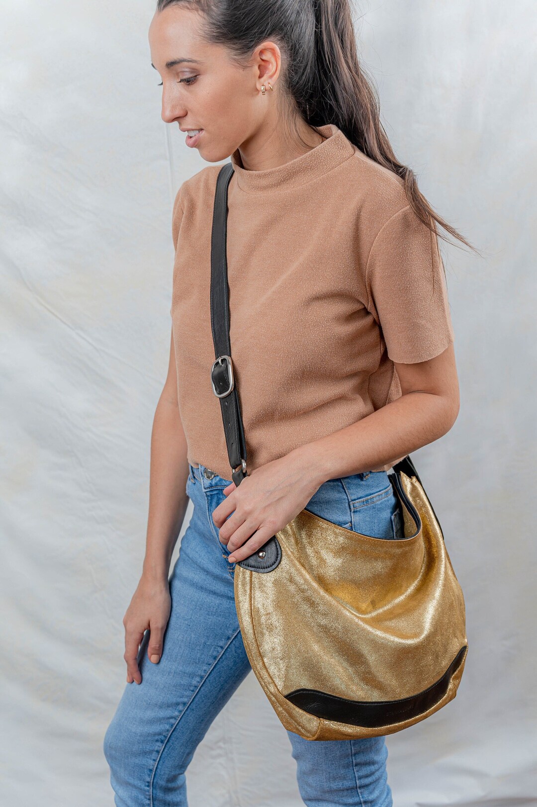 Leather Hobo Bag, Metallic Hobo Bag, Gold Leather Crossbody Bag, Shiny
