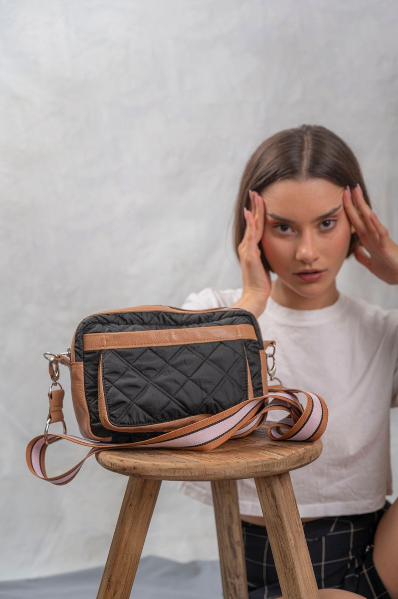Solid Puffed Bag combined with leather, solid Puffed shoulder bag, Quilted Puffer Mini Crossbody Bag, Minimalist Quilted Crossbody Handbag image 2