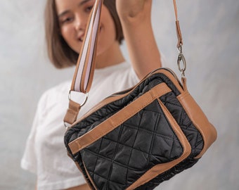 Solid Puffed Bag combined with leather, solid Puffed shoulder bag, Quilted Puffer Mini Crossbody Bag, Minimalist Quilted Crossbody Handbag