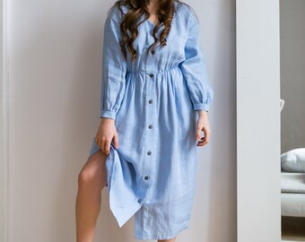 Linen Button Down Dress / Long Sleeve Midi Dress