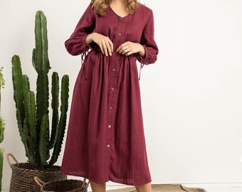 Linen Button Down Dress / Long Sleeve Midi Dress