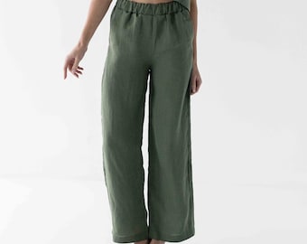 HandMade Women's Linen Pants, Classic linen pants, linen trousers soft linen pants loose pants GREEN