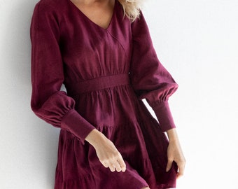 Linen dress sleeve red ruffles