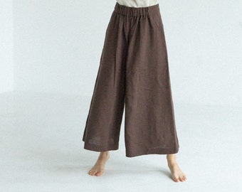 Pantalones anchos de lino / Pantalones culottes fluidos con cintura elástica