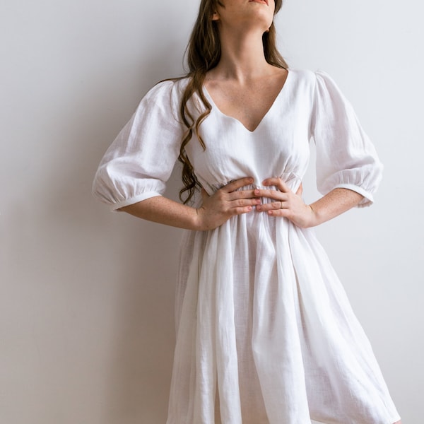 Linen dress puffer sleeve white