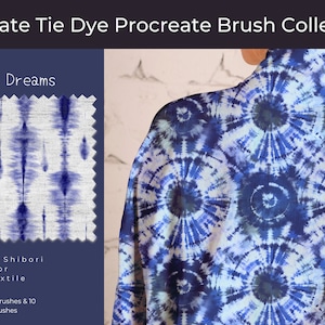 Könnte beinhalten: Ein Bild einer Tie-Dye Procreate Pinsel-Kollektion. Das Design zeigt blaue und weiße Shibori-Muster. Der Text lautet "Ultimate Tie Dye Procreate Brush Collection" und "Shibori Dreams". Das Set enthält 42 Pinsel und 10 Stofftextur-Pinsel.