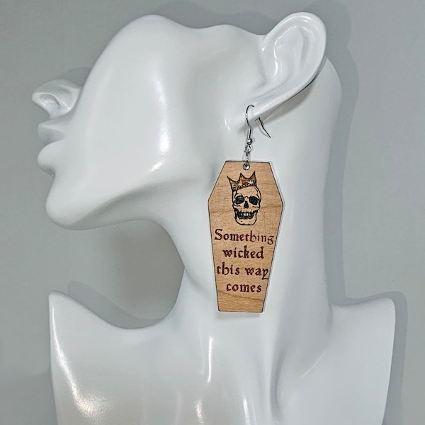 Halloween Coffin Shakespeare Macbeth //personalized  Wood Earrings  By the pricking of my thumbs