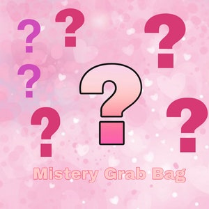 May include: Pink and purple question marks on a pink background with white hearts. The text "Mystery Grab Bag" is at the bottom of the image.