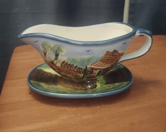 Vintage WCL Glazed Ceramic Gravy Boat with Attached Drip Tray - Colorful Farmhouse Scene