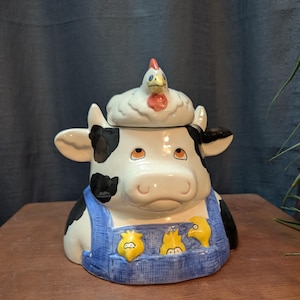Vintage Whimsical Cookie Jar Cow in Overalls with Rooster Lid - Used Condition