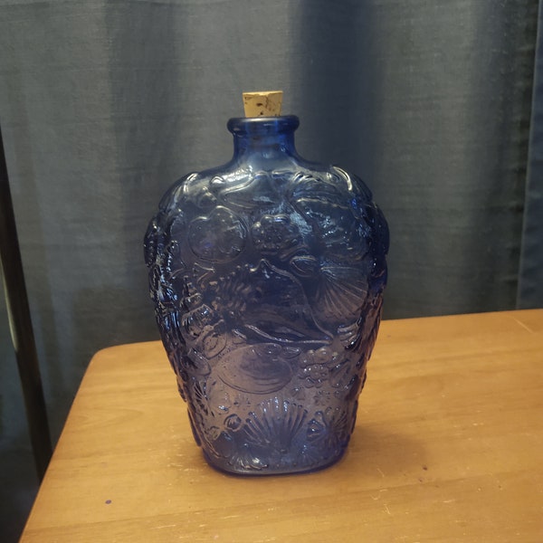 Cobalt Blue Glass Decanter with Embossed Seashell Pattern and Cork Stopper - Made in Canada - 9 in tall