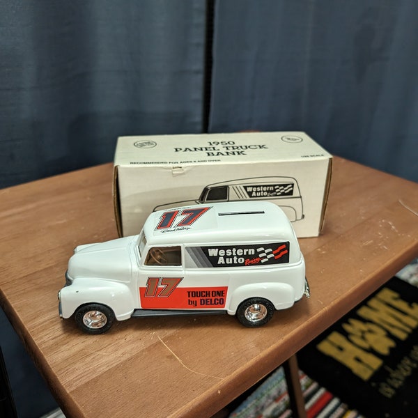 1992 ERTL 1950 Panel Truck - Diecast Metal Coin Bank - Darryl Waltrip "17" - Western Auto Racing Collectible Coin Bank with Lock and Key