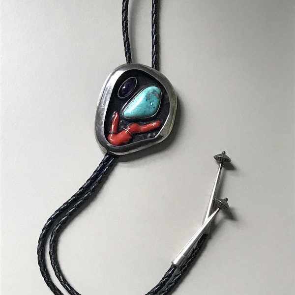 Vintage 1940s Navajo Sterling Silver Bolo Tie with Turquoise Coral and Amethyst Stones | Leather Tie | Vintage Native American