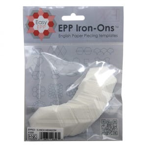 May include: A clear plastic package containing white paper piecing templates. The package has the text "Easy EPP" and "EPP Iron-Ons" in red and black. The package also includes the text "EPP03 - ½ INCH HEXAGON X100".