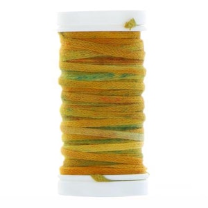 May include: A spool of yellow and orange flat shoelaces. The laces are wound around a white plastic spool. The laces have a textured appearance and are a mix of yellow, orange, and green hues. The spool is set against a white background.