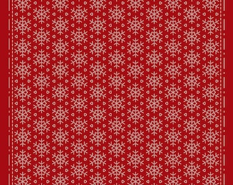 May include: A red textile with a repeating pattern of white snowflakes. The design is framed by a white, dashed border. The text at the bottom reads "KF2021-27-RD - Sashiko Cloth 'Hitome-Zashi Snowflakes' - Designed by Ky Fujita for QH Textiles ©2021."