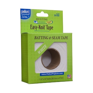 May include: A green and white box of Pellon Easy-Knit Tape. The box features the text "Easy-Knit Tape", "Batting & Seam Tape", and "White". The tape roll is visible through a window. The box contains 1 1/2" x 30 Yards (38.1mm x 27.3m) of tape.